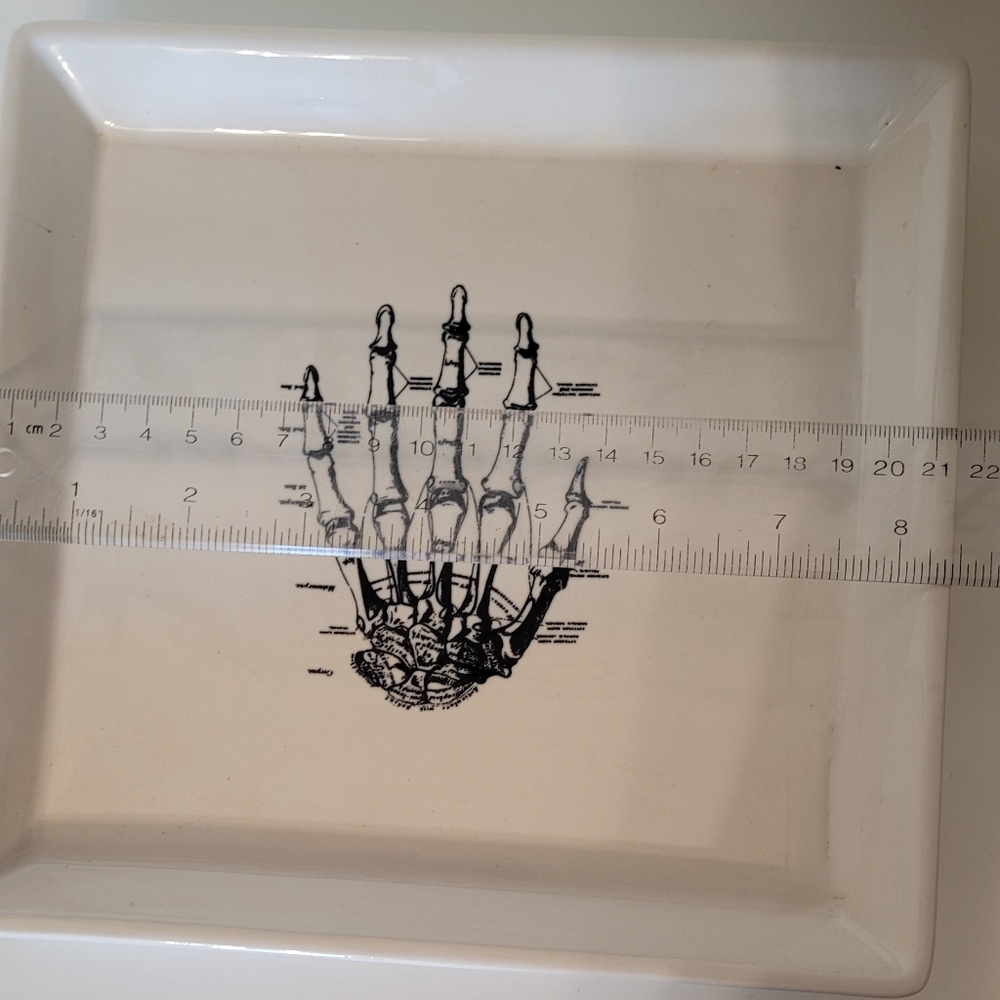 Magenta Ceramic Tray with Black Skeleton Hand Design